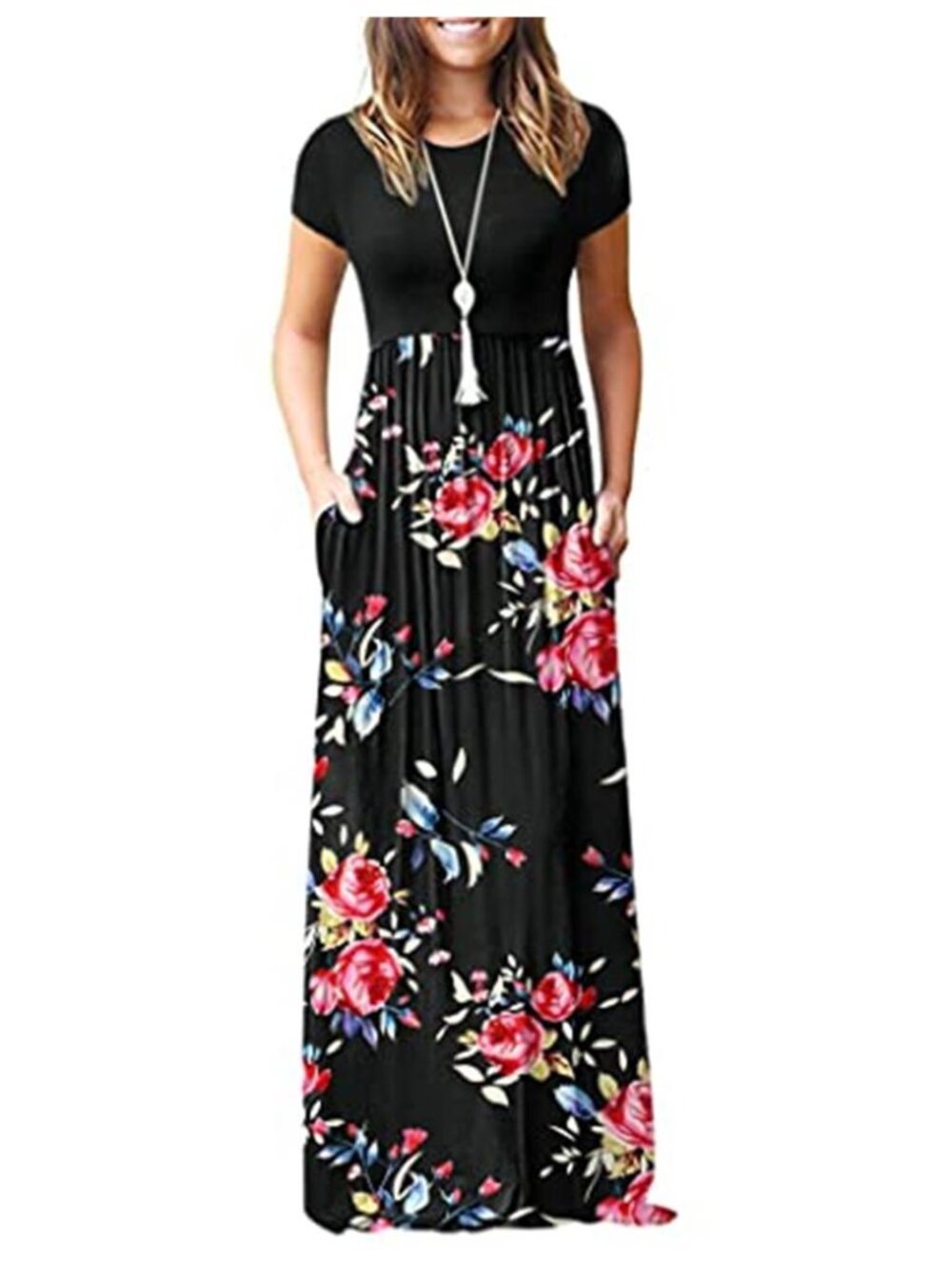 Womens Short Sleeve Maxi Dress Empire Waist Pockets Casual Summer Long Dress Fit